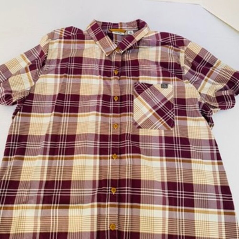 L.L. Bean Burgundy, Cream & Mustard Plaid Short-Sleeve Button-Up Blouse